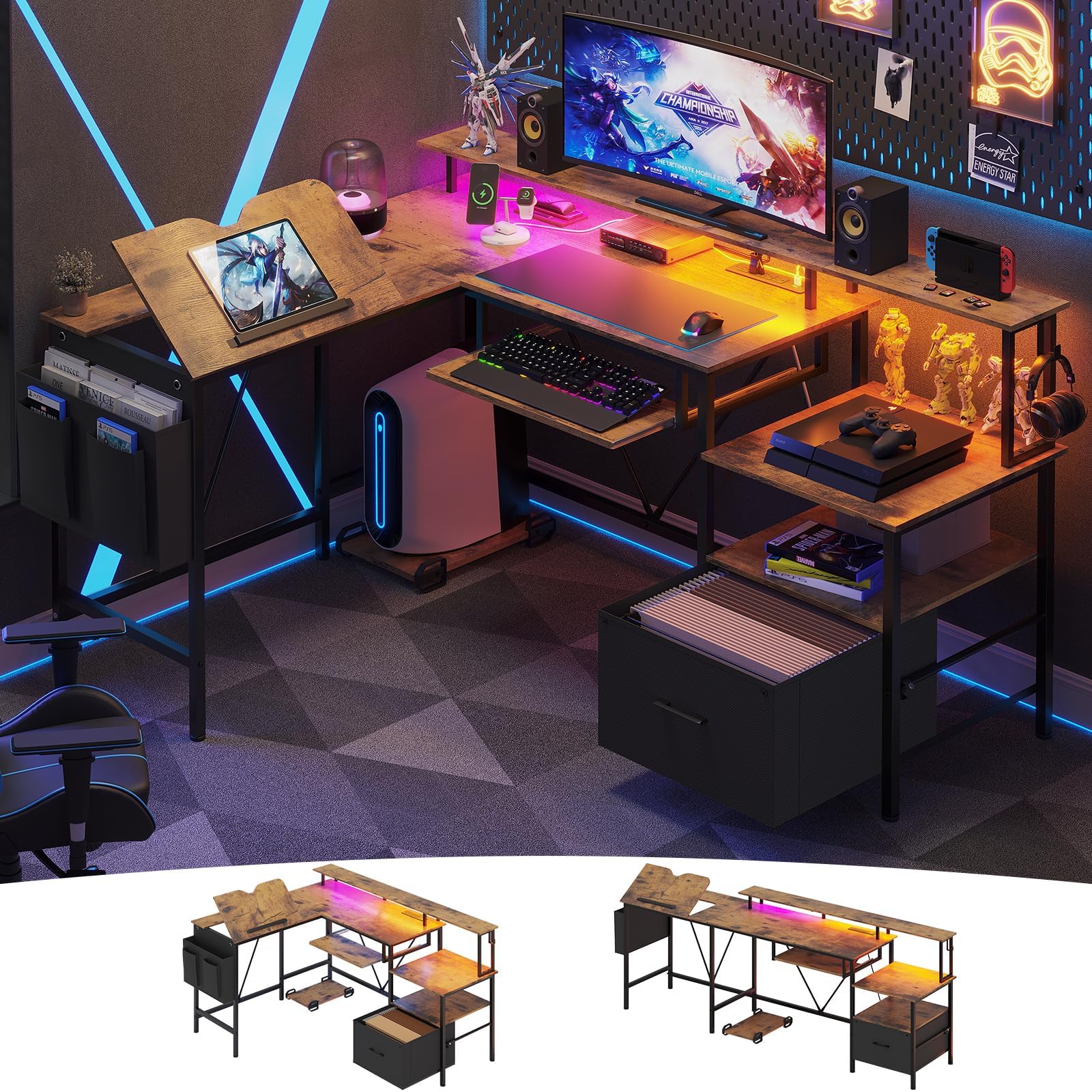 VIGKOOK L Shaped Gaming Desk with Keyboard Tray, Adjustable Drafting Table, Reversible Home Office Desk with Storage, Power Outlet LED Light File Cabinet Monitor Stand Printer Space (Brown) - WoodArtSupply