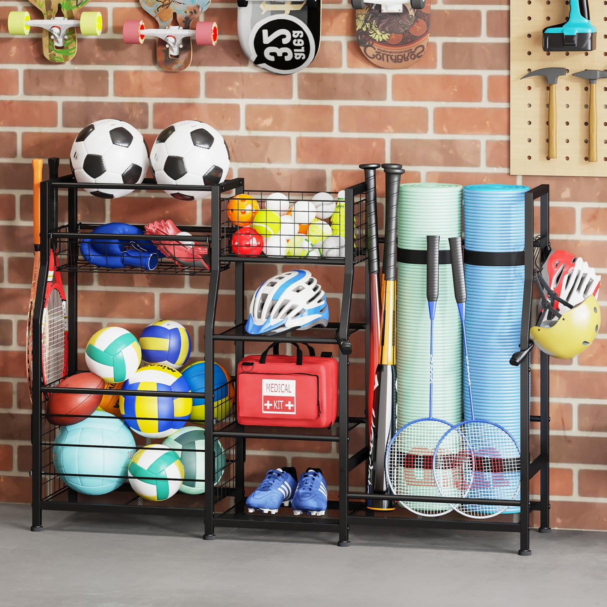 Sports Equipment Organizer Golf Bag Stand Golf Storage Organizer for Garage with Basket and Hooks, Storage Rack for 2 Golf Bag,Two Assembly Methods Sonyabecca