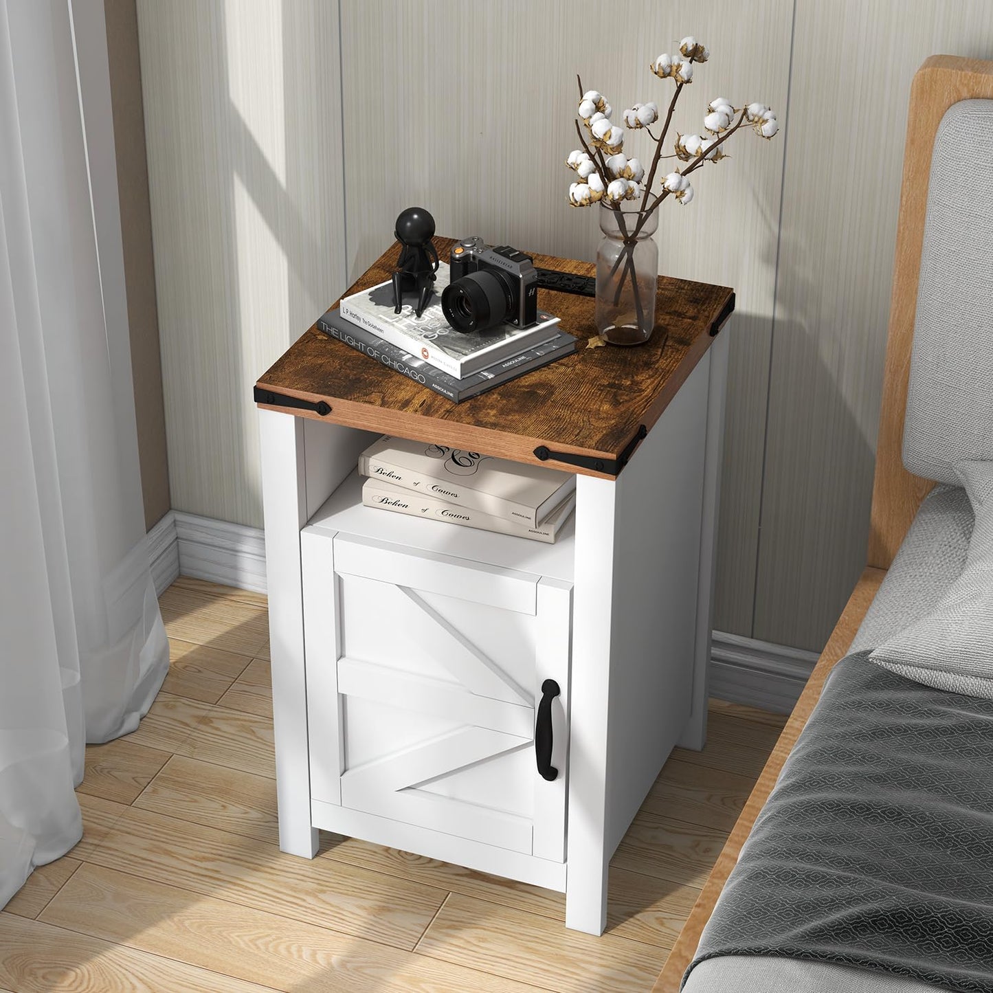 oneinmil Nightstand with Charging Station, Farmhouse End Table with Barn Door, Sofa Side Table with Storage Space 2-Piece Set, Suitable for Livingroom and Bedroom,White - WoodArtSupply