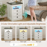 Lvifur Farmhouse Nightstand with Gun Drawer, Human Sensor LED Bedside Table with LED Lights & Charging Station, Rustic Wood Sofa Side End Table with 3 Drawers for Bedroom (Antique White) Lvifur