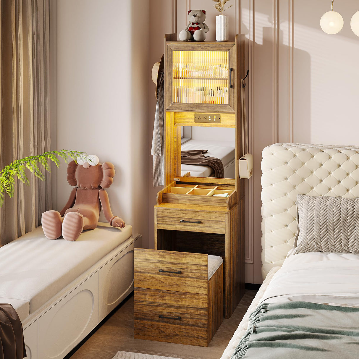 Vlsrka 70" H Vanity Desk with Mirror and Lights, Vanity Set with Hidden Stool, Drawers, Power Outlet, Makeup Dressing Table for Small Spaces, Brown Vlsrka