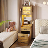 Vlsrka 70" H Vanity Desk with Mirror and Lights, Vanity Set with Hidden Stool, Drawers, Power Outlet, Makeup Dressing Table for Small Spaces, Brown Vlsrka