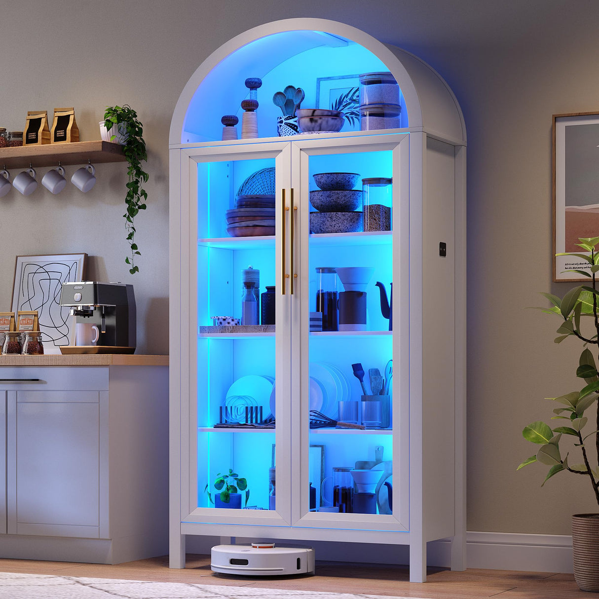 Dystler Arched Kitchen Pantry Cabinet with Glass Doors, Display Curio Case with 3 Color LED Lights for Collectibles, Modern 5-Tier Storage Hutch Cabinet, White Dystler