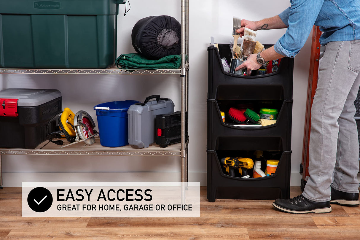 Mighty Tuff Jumbo Stackable Storage Bins, Pack of 3, Easy-Access Storage, Large Easy-To-Grip Handles, Wide Front Opening, Interlocking, Stack Vertically, Black Mighty Tuff