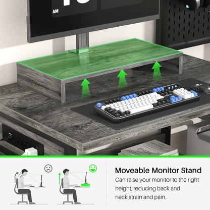 Small Gaming Desk with 2 Fabric Drawers - Reversible Computer Desk with Power Outlet & LED Lights, 49" Office Desk with Monitor Stand & Storage Shelves, Writing Study Table with Pegboard, Grey Oak