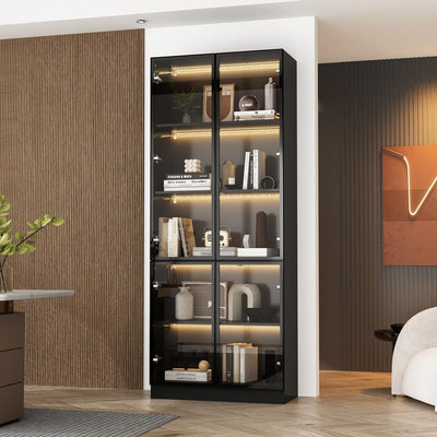 FUFU&GAGA Display Cabinet with Glass Doors and LED Lights, 78.7” Tall Bookshelf Glass Storage Cabinet with 5-Tier Shelf, Modern Bookcase for Living Room Office, Black 31.5”W x 14.2”D x 78.7”H