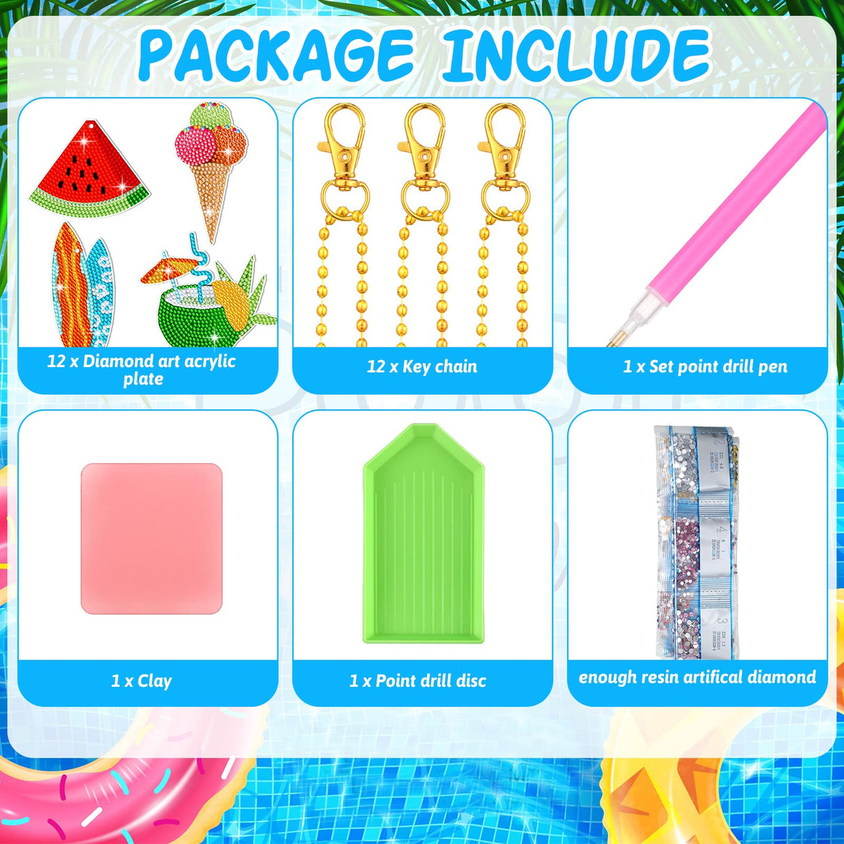 Thinkday 12 Pack Summer Diamond Painting Keychain Kits 5D Diamond Art Keychains DIY Painting Kit Summer Hanging Diamond Art Kits Diamond Art for Kids DIY Crafts (Summer) Thinkday