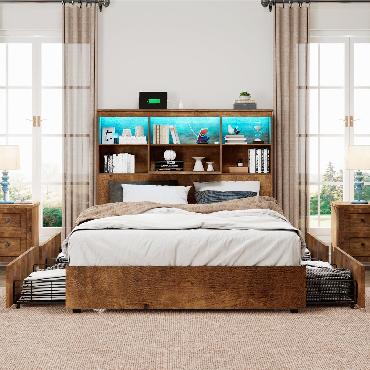 LUXOAK Rustic Brown Full Size Bed Frame with LED Bookcase Headboard, Charging Station & 4 Drawers – No Box Spring Needed LUXOAK