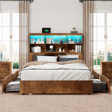 LUXOAK Rustic Brown Full Size Bed Frame with LED Bookcase Headboard, Charging Station & 4 Drawers – No Box Spring Needed LUXOAK