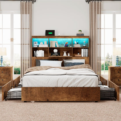 LUXOAK Rustic Brown Full Size Bed Frame with LED Bookcase Headboard, Charging Station & 4 Drawers – No Box Spring Needed - WoodArtSupply