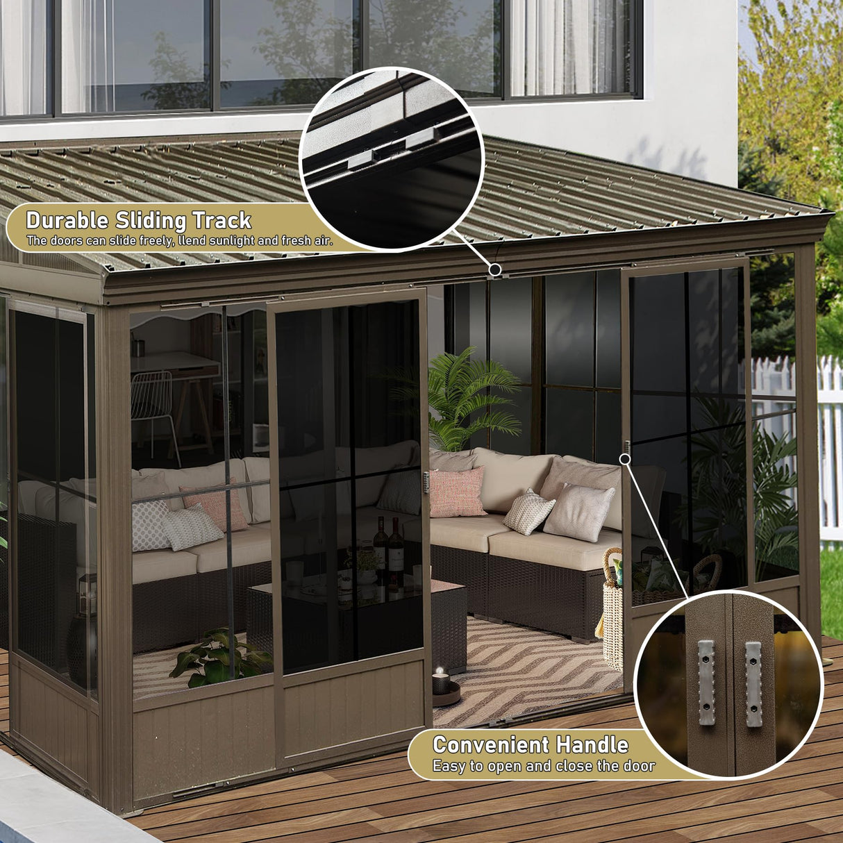 Domi Lean-to Sunroom 12x14FT, Wall Mounted Solarium with Galvanized Steel Sloping Roof, Moveable PVC Screen, Front Door&Side Sliding Door, Aluminum Gazebo Against Wall Sun Room for Patio Deck domi outdoor living