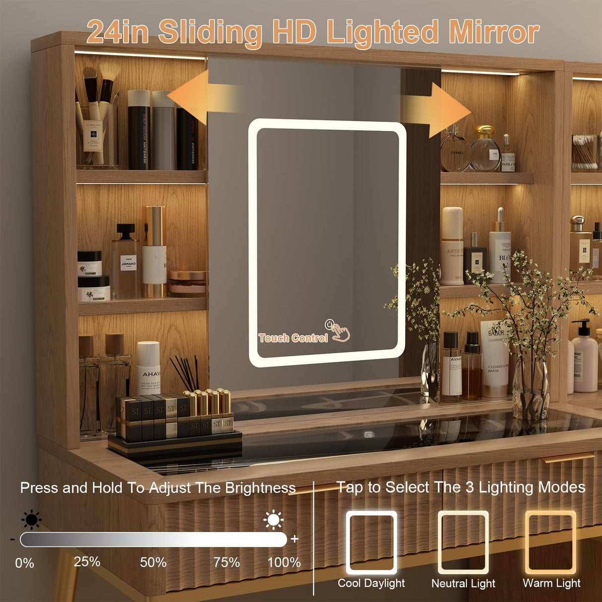 48" Fluted Makeup Vanity Desk with Sliding Mirror and Lights, Wooden Dressing Table with 5 Drawers and Adjustable Shelves,Makeup Vanity Table Modern Glass Top with Charging Station for Bedroom (Oak) TTSITG