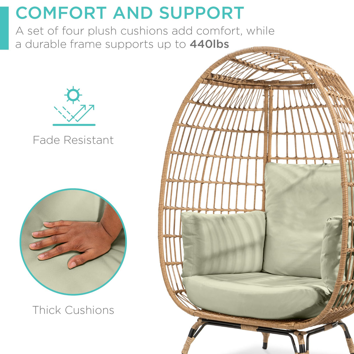 Best Choice Products Wicker Egg Chair, Oversized Indoor Outdoor Lounger for Patio, Backyard, Living Room w/ 4 Cushions, Steel Frame, 440lb Capacity - Sage Best Choice Products