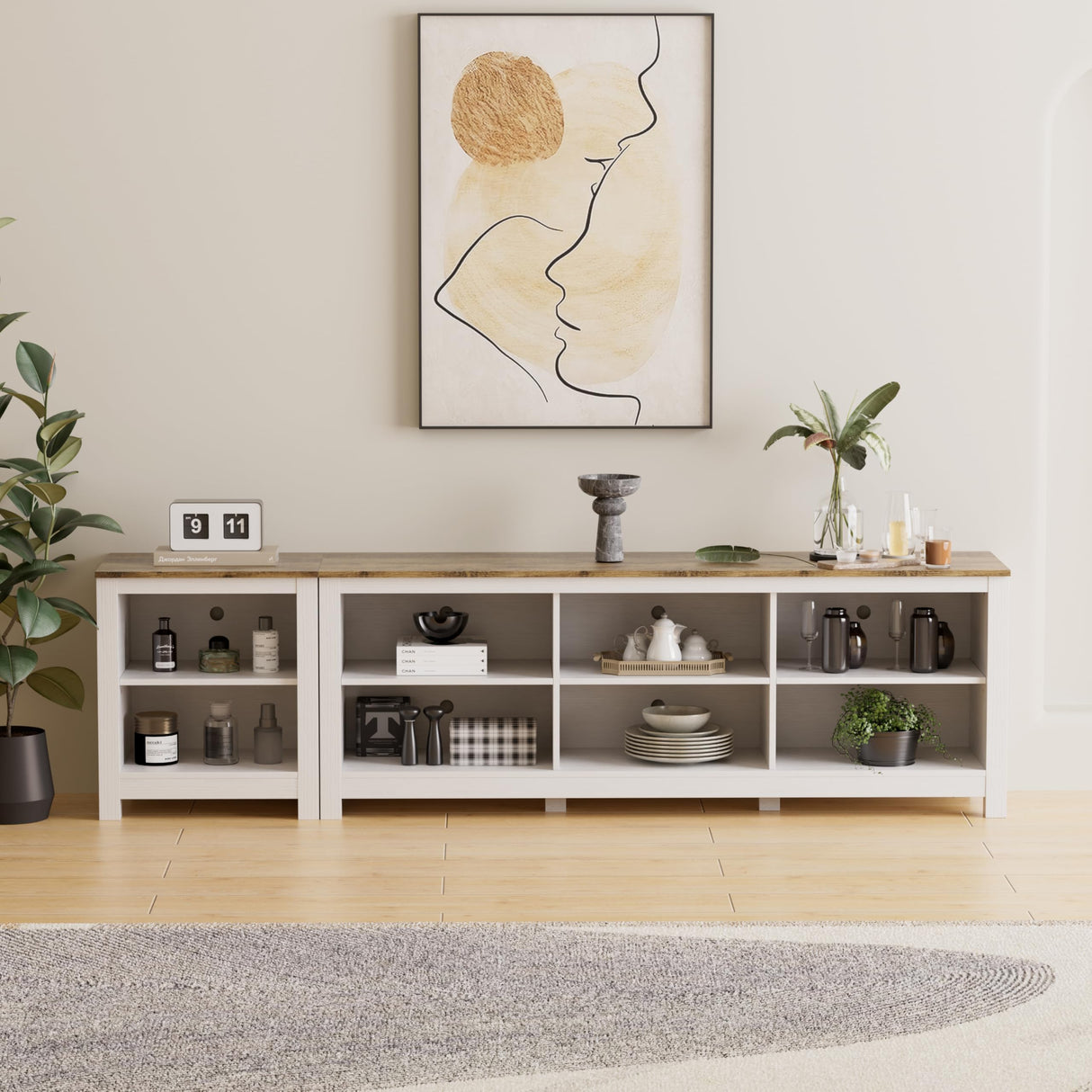 BVIUNTWO TV Stand for 85 Inch TV, White Entertainment Center for 80 inch TV Console Table with 8 Cubby Storage for Living Room Bedroom BVIUNTWO