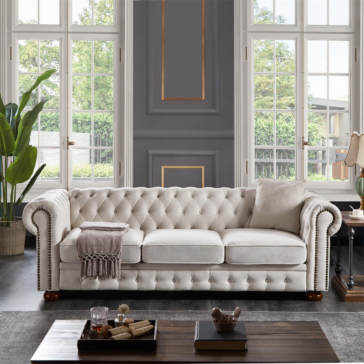 Harper & Bright Designs 3-Seat Chesterfield Sofa with Button Tufted, Nailhead Trim and Solid Wood Legs, Classical Linen Fabric Couch for Living Room, Office, Beige Harper & Bright Designs