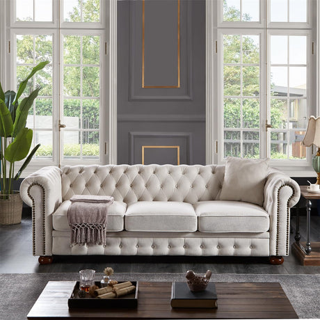 Harper & Bright Designs 3-Seat Chesterfield Sofa with Button Tufted, Nailhead Trim and Solid Wood Legs, Classical Linen Fabric Couch for Living Room, Office, Beige Harper & Bright Designs