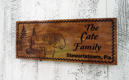 Custom Camping Sign with a 5th Wheel Camper, Personalized Camper Sign, Custom Carved Wooden Signs, C111 - WoodArtSupply