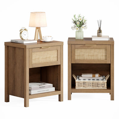 Eclatara Rattan Nightstand Set 2: Boho End Table with Drawer and Storage Shelf, Farmhouse Cane Accent Bedside Night Stands for Bedroom Small Space Sofa (2, Caramel Oak)
