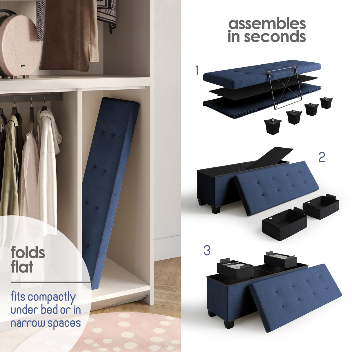 STORAGEBUD Storage Ottoman Bench with Bins, 43-in Storage Bench for Bedroom End of Bed, Folding Foot Rest Ottoman for Living Room Max 660lbs, Velvet Ottomans, Blue STORAGEBUD