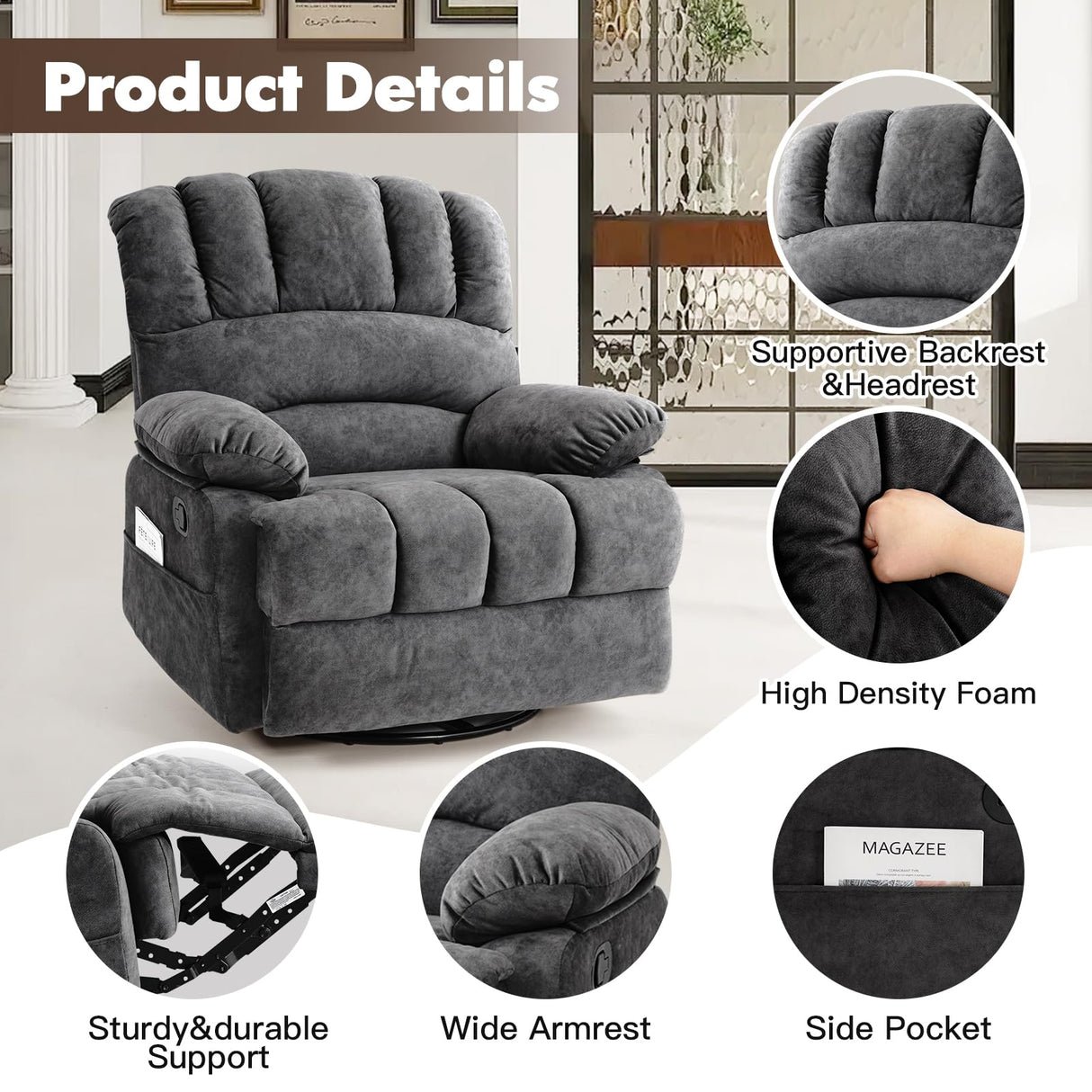 COOSLEEP Oversized Manual Swivel Rocker Recliner Chair, Extra Wide Glider Rocker Recliner for Big and Tall, Overstuffed Lazy Recliner Chair with High Back, Single Sofa Chair for Living Room(Dark Gray) COOSLEEP HOME