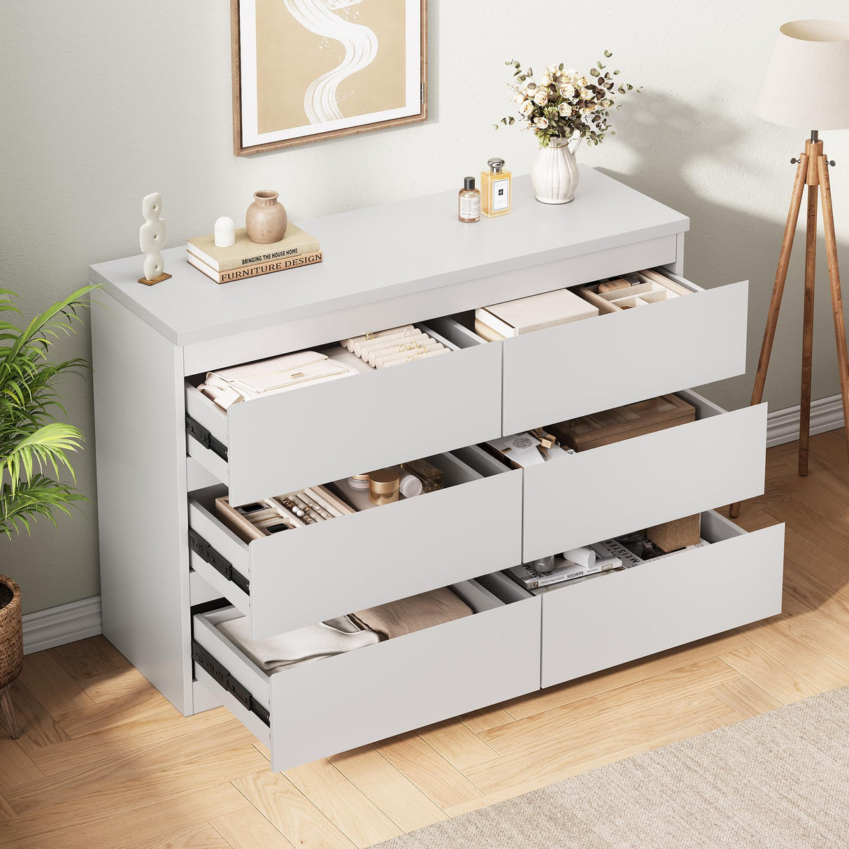 Jocoevol White 6 Drawer Dresser for Bedroom, 15.3" D x 47.2" W x 32.3" H in Simply Modern Chest of Drawers, Wood Storage Double Dresser with Deep Drawers for Living Room, Hallway Entryway, White Jocoevol