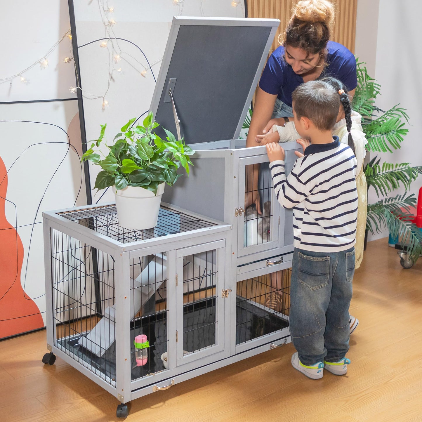 Rabbit Hutch Indoor Outdoor Bunny Cage 39" L Large 2-Story Wooden Small Animal House Enclosure with Wheels, 2 Removable Trays, Waterproof Openable Roof, Grey