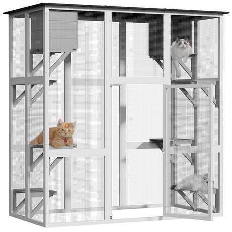 Feetice Catio Outdoor Cat Enclosure, Large Kitty House Cat Condo Playpen with Platforms & Living House for Mulitiple Cats with Waterproof Roof 71", White Feetice