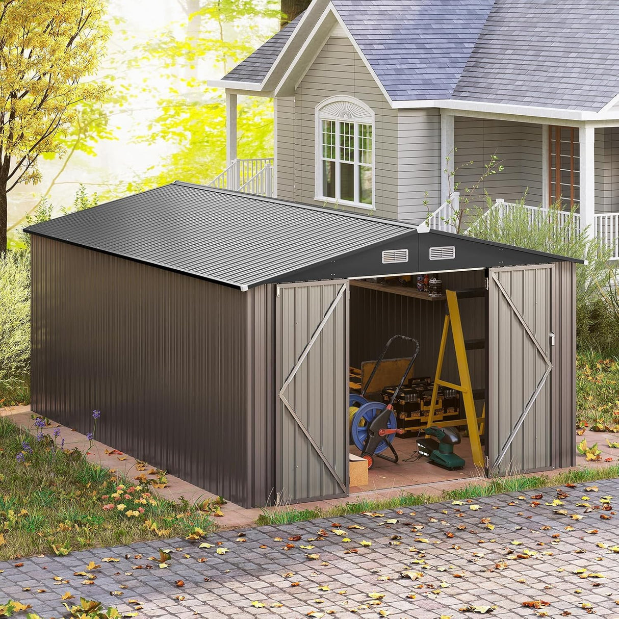 GVDV 10x14 FT Outdoor Metal Storage Shed, Durable Garden Shed with Updated Frame Structure for Backyard, Patio, Tool Storage, All-Weather Shelter for Bike, Gardening Tools, Lawn Mowers GVDV