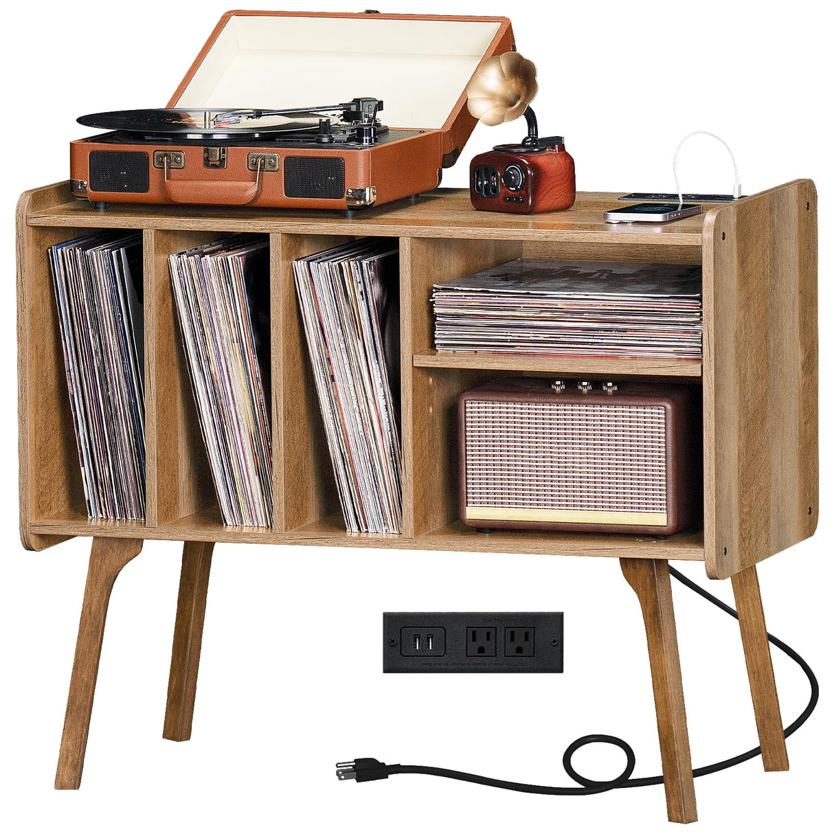 Lerliuo Record Player Stand with Charging Station Holds Up to 220 Albums, Large Turntable Stand with 4 Cabinet, Mid-Century Record Player Table,Oak Vinyl Holder Storage Shelf for Bedroom Living Room Lerliuo