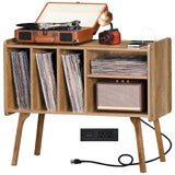 Lerliuo Record Player Stand with Charging Station Holds Up to 220 Albums, Large Turntable Stand with 4 Cabinet, Mid-Century Record Player Table,Oak Vinyl Holder Storage Shelf for Bedroom Living Room Lerliuo
