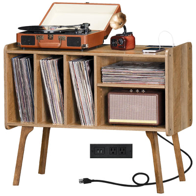 Lerliuo Record Player Stand with Charging Station Holds Up to 220 Albums, Large Turntable Stand with 4 Cabinet, Mid-Century Record Player Table,Oak Vinyl Holder Storage Shelf for Bedroom Living Room