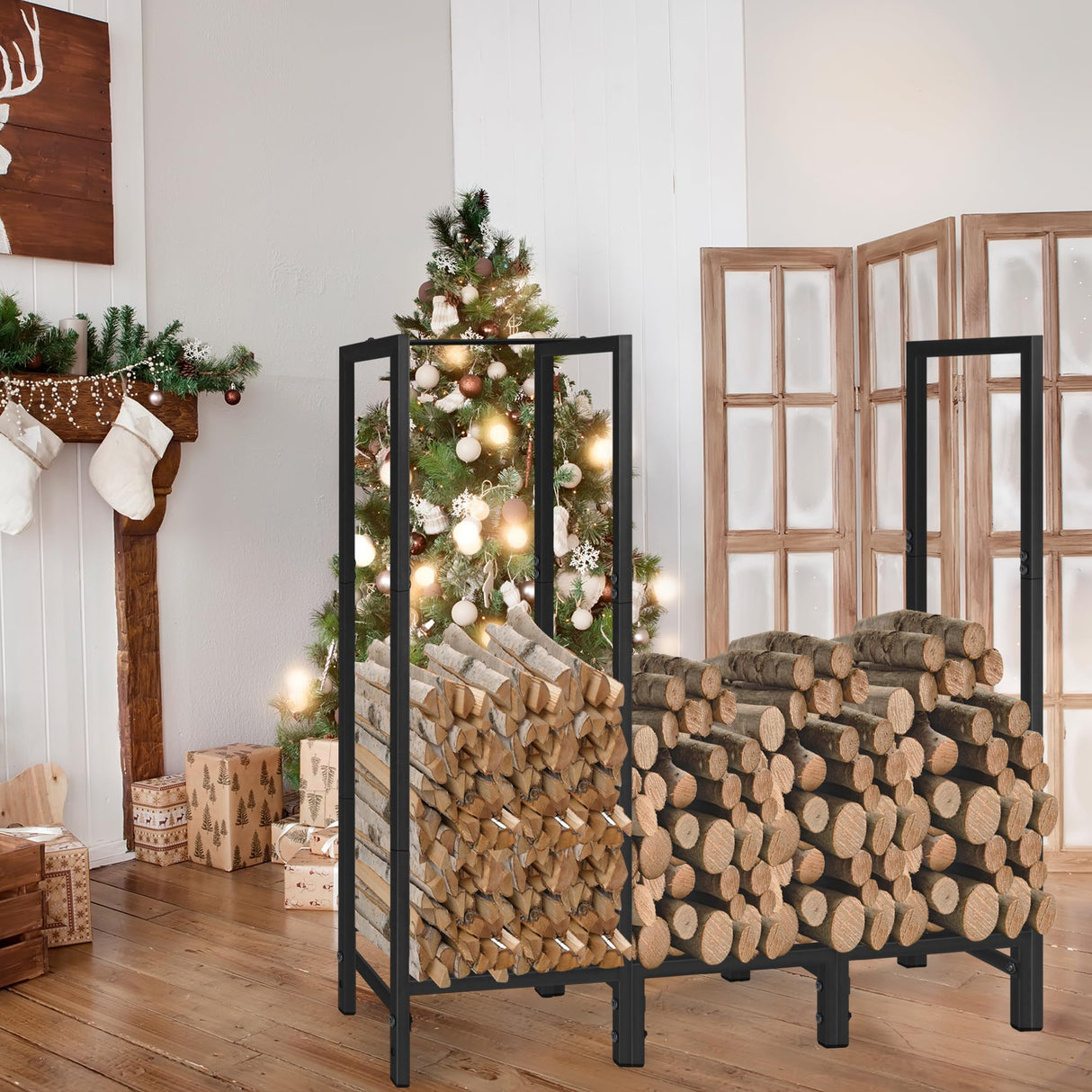 KYATE 4ft Firewood Rack Outdoor with Cover Fireplace Wood Storage Heavy Logs Stand Stacker Holder Strong Lumber Racks Outside for Courtyard Patio KYATE