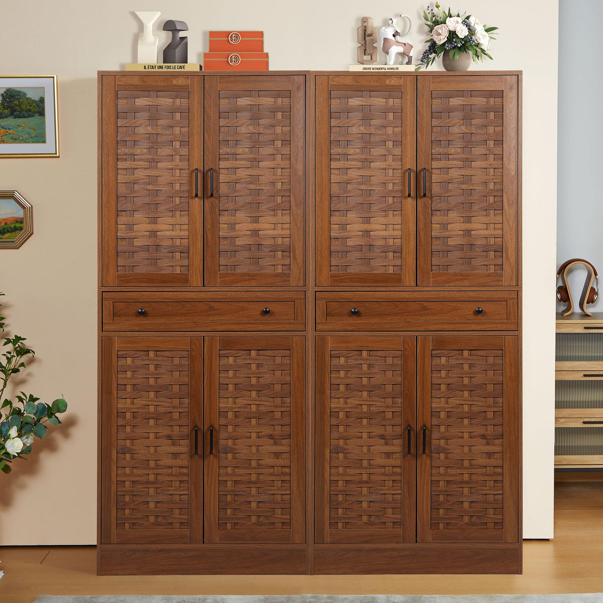 NVETHM Storage Cabinet, Kitchen Pantry, Freestanding Cabinet with Adjustable Shelve and drawer, Tall Cabinet for Living Room, Bedroom, Dinging Room, Office Room, Garage (Walnut) NVETHM