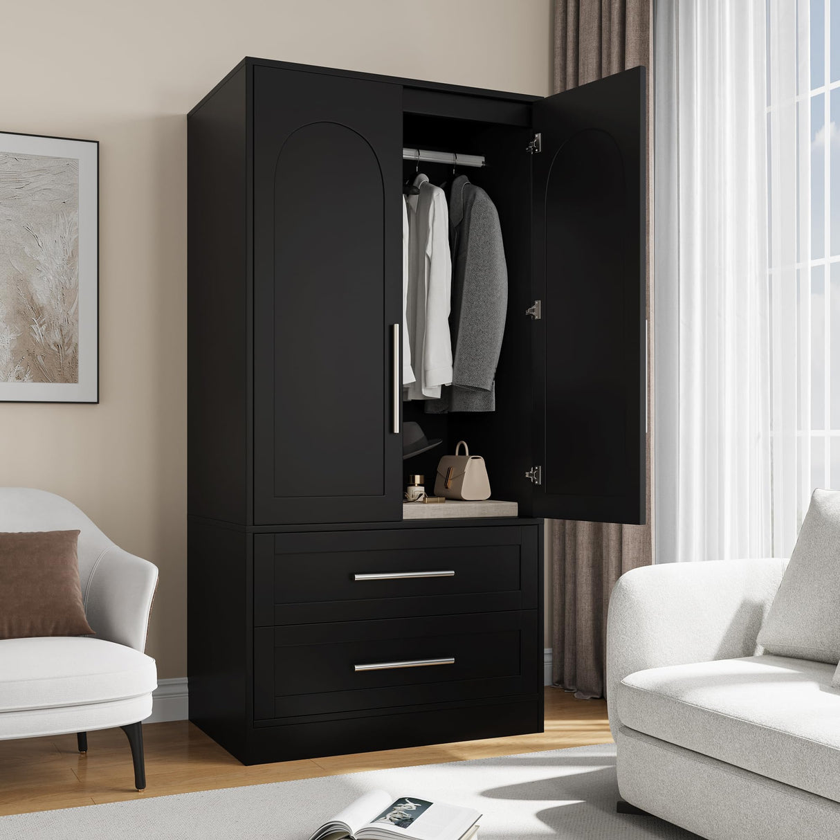 Einhomn Wooden Armoire Wardrobe Closet with 2 Doors and 2 Drawers,Freestanding Armoire Storage Cabinet with Shelves,Tall Clothing Storage Cabinet Suitable for Bedroom,Black Einhomn