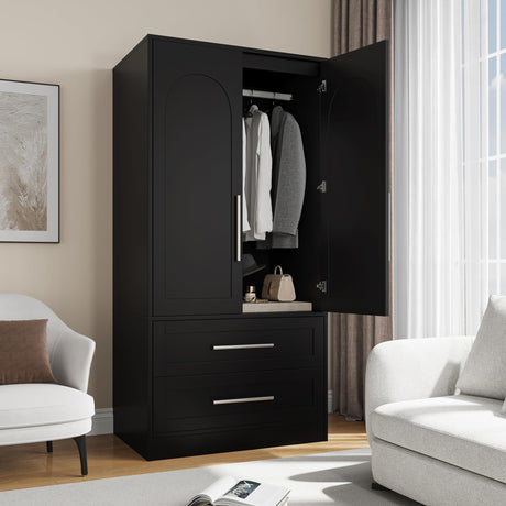 Einhomn Wooden Armoire Wardrobe Closet with 2 Doors and 2 Drawers,Freestanding Armoire Storage Cabinet with Shelves,Tall Clothing Storage Cabinet Suitable for Bedroom,Black Einhomn