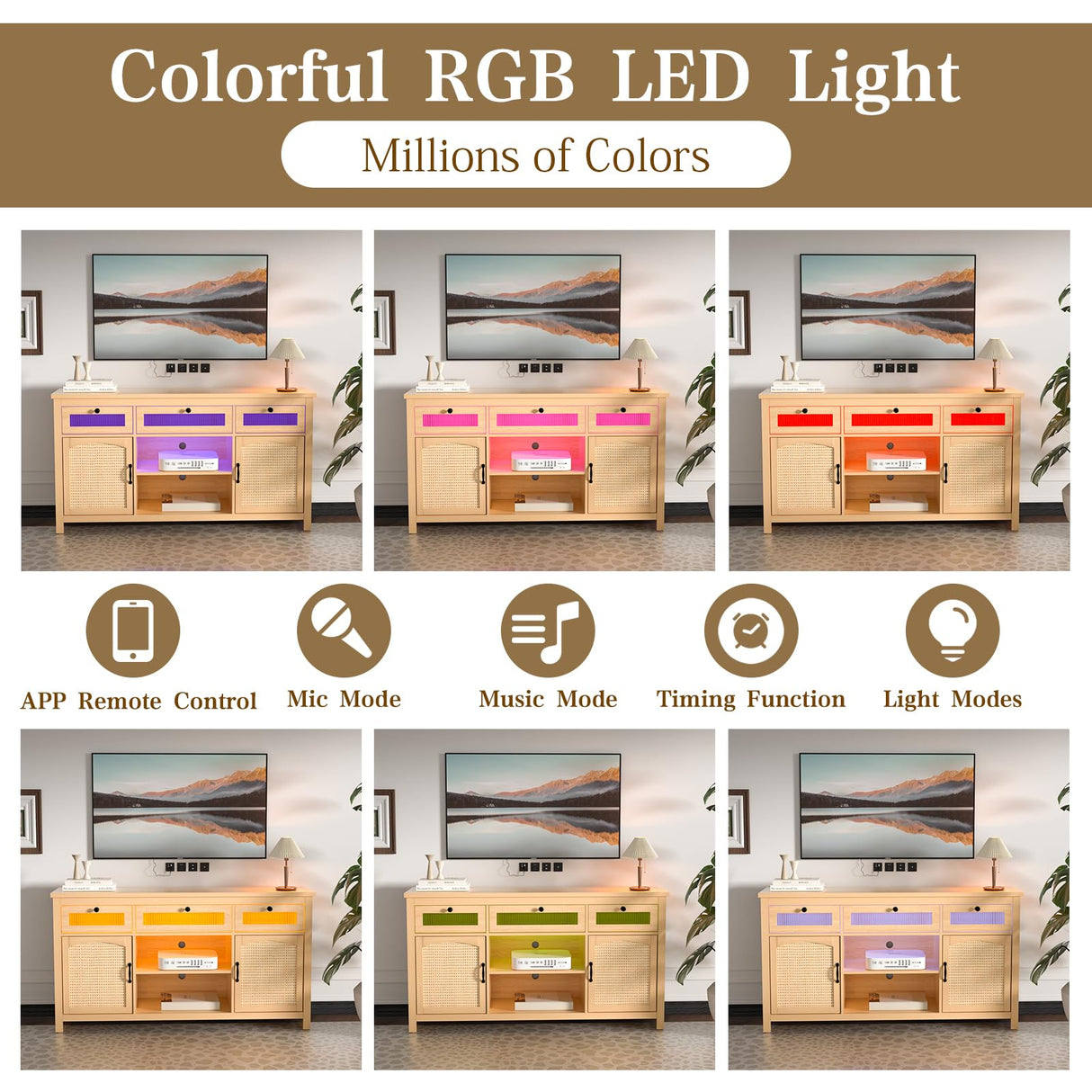 Yeyawomy Rattan Tall Entertainment Center for 65 inch TV, Modern TV Stands for Living Room,Tall TV Stand with LED lights, Storage Cabinet,Adjustable Shelf,Media Console,Wood TV Consoles Yeyawomy