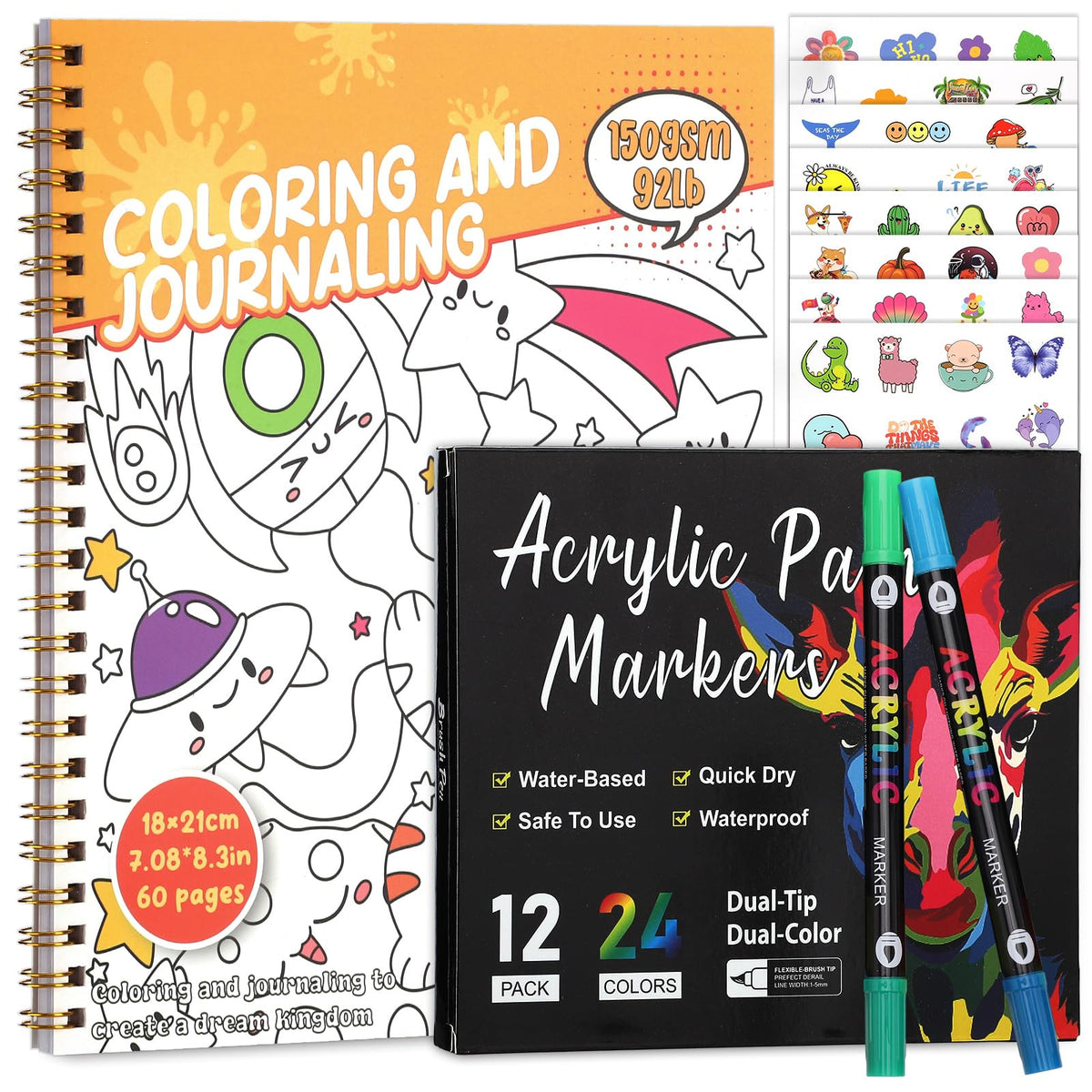 Coloring Book Set with 24-Color Acrylic Markers & Stickers, Ages 14+ T ...