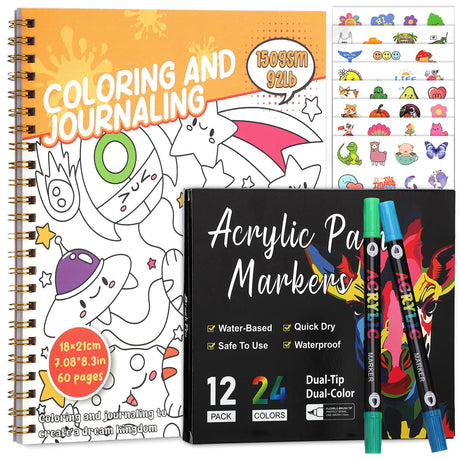 Coloring Book Set with 24-Color Acrylic Markers & Stickers, Ages 14+ Travel Sketch Book, 60 Pages 150gsm Thick Paper (7x8.3in) Spiral Bound Art Supplies Prudiut