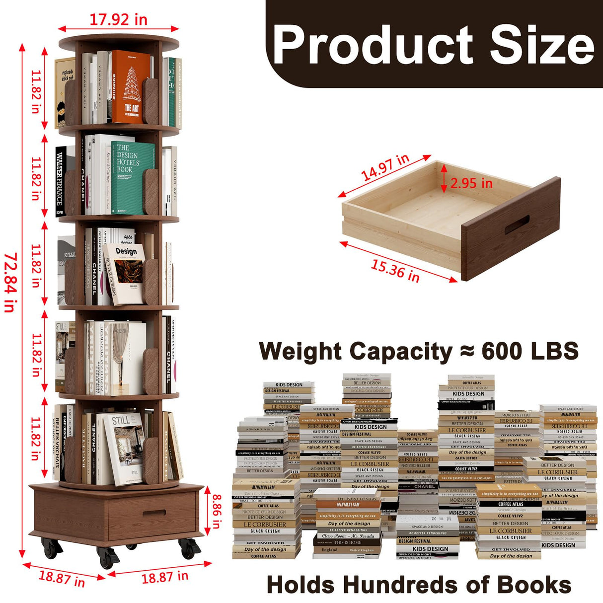 JIAWORLDER Solid Wood Rotating Bookshelf Tower on Wheels, 5-Tier Spinning Bookcase with Drawer, 72" Floor Standing Revolving Bookshelf, Rotating Bookcase for Small Space, Walnut JIAWORLDER