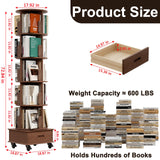 JIAWORLDER Solid Wood Rotating Bookshelf Tower on Wheels, 5-Tier Spinning Bookcase with Drawer, 72" Floor Standing Revolving Bookshelf, Rotating Bookcase for Small Space, Walnut JIAWORLDER