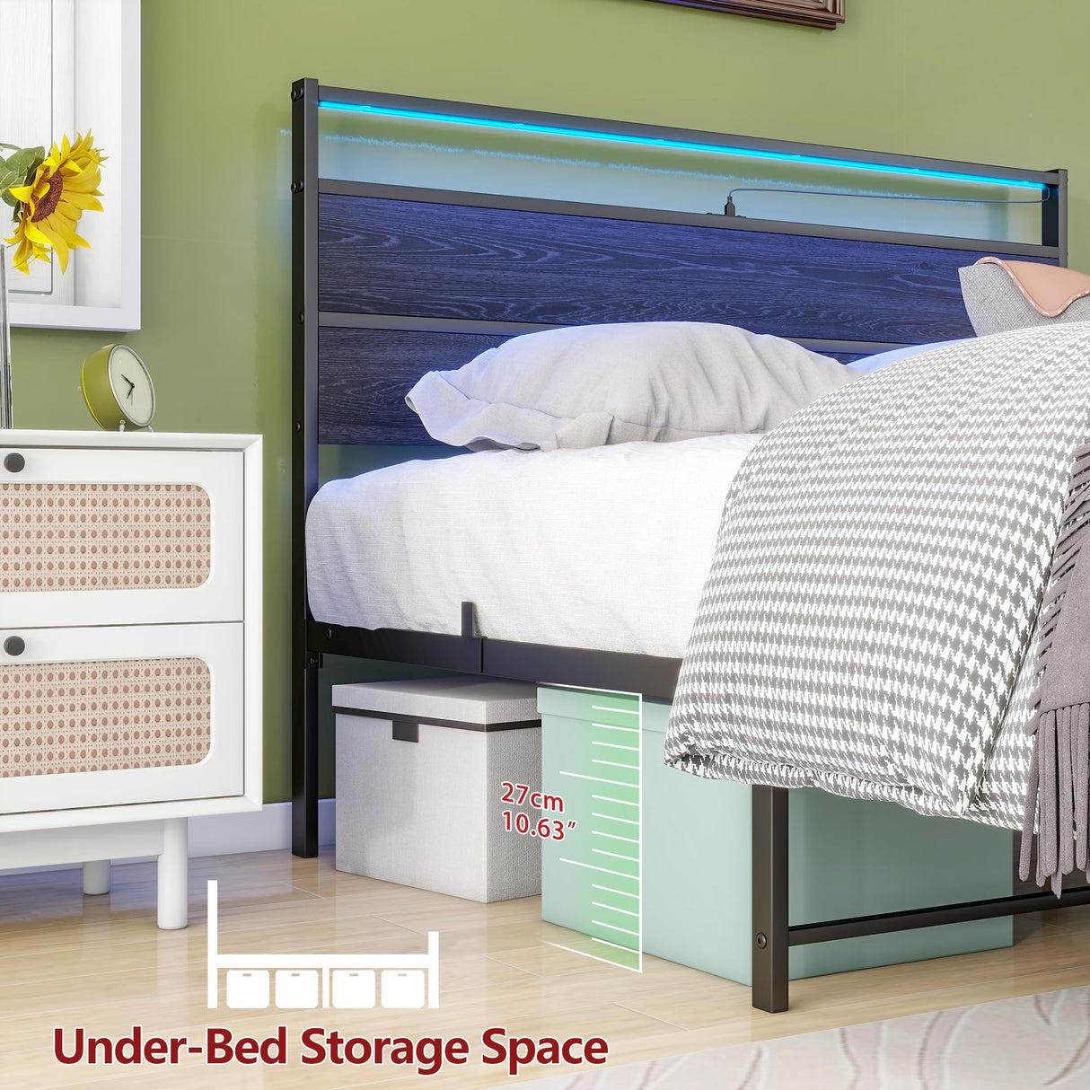 Full Size HOJINLINERO Bed Frame with Wood Headboard, LED Lights & Charging Station HOJINLINERO