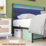 Full Size HOJINLINERO Bed Frame with Wood Headboard, LED Lights & Charging Station HOJINLINERO