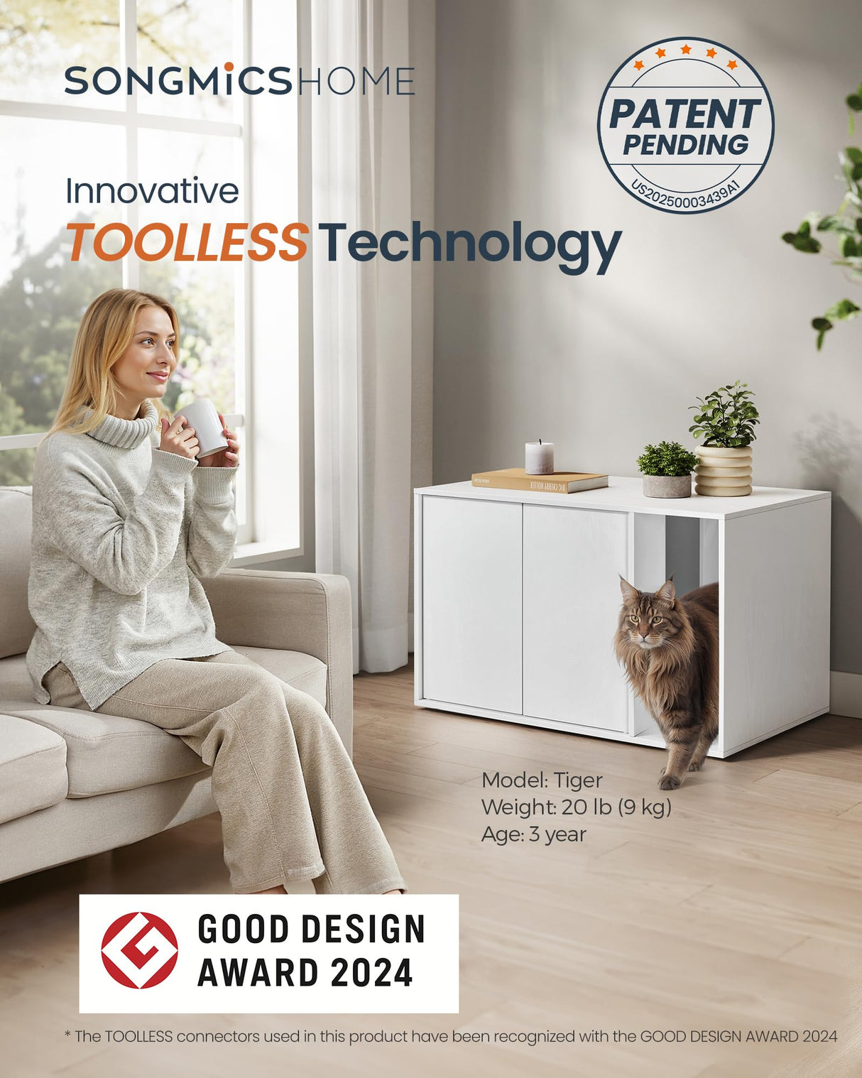 SONGMICS HOME Cat Litter Box Enclosure, Superfast Toolless Assembly, Cat House for Large Cats, Display Side Table, Push-to-Open Doors, Minimalist Modern, Snow White UPCL013W01 SONGMICS HOME