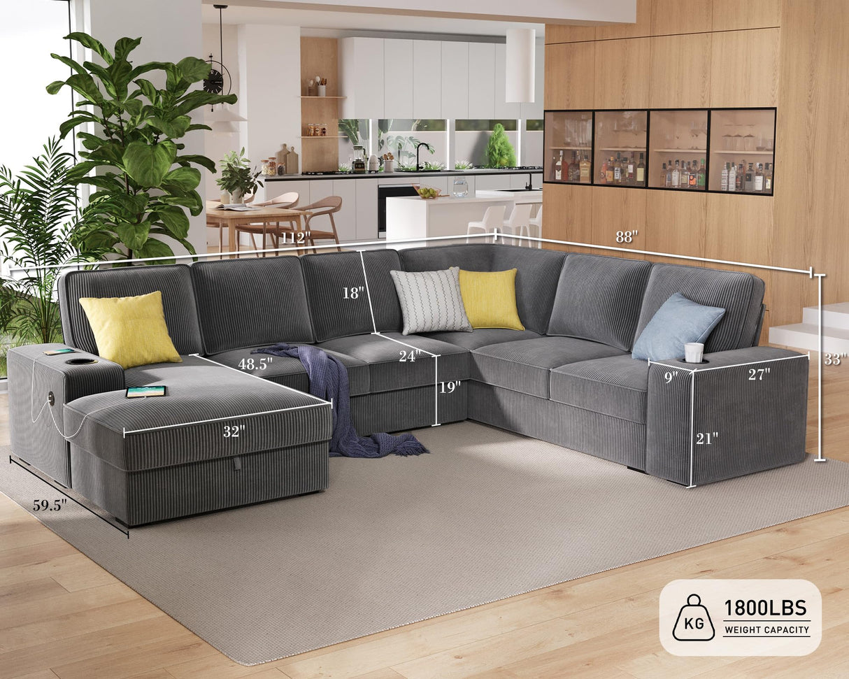 PaPaJet U Shaped Couch, 112 Inch Oversized Couch with Storage Chaise, Sectional Sofa with Cup Holders & 2 USB Ports, Corduroy Grey Sofa PaPaJet