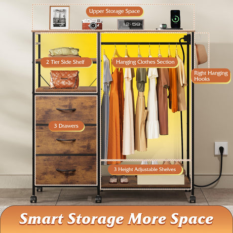 WLIVE Dresser with Hanging Rack for Bedroom, 3 Drawer Dresser with LED Lights & Charging Station, Fabric Dressers & Chest of Drawers, Storage Organizer with Open Shelves for Living Room, Brown WLIVE