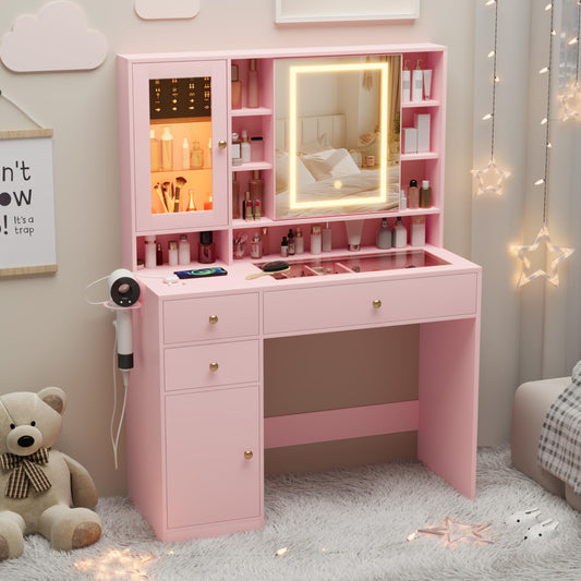 Wodeer Makeup Vanity Desk with Mirror and Lights,Vanity Table Set with Charging Station,Glass Tabletop and RGB Cabinets,Dressing Table with Jewellery Organizers Drawers for Bedroom,Pink