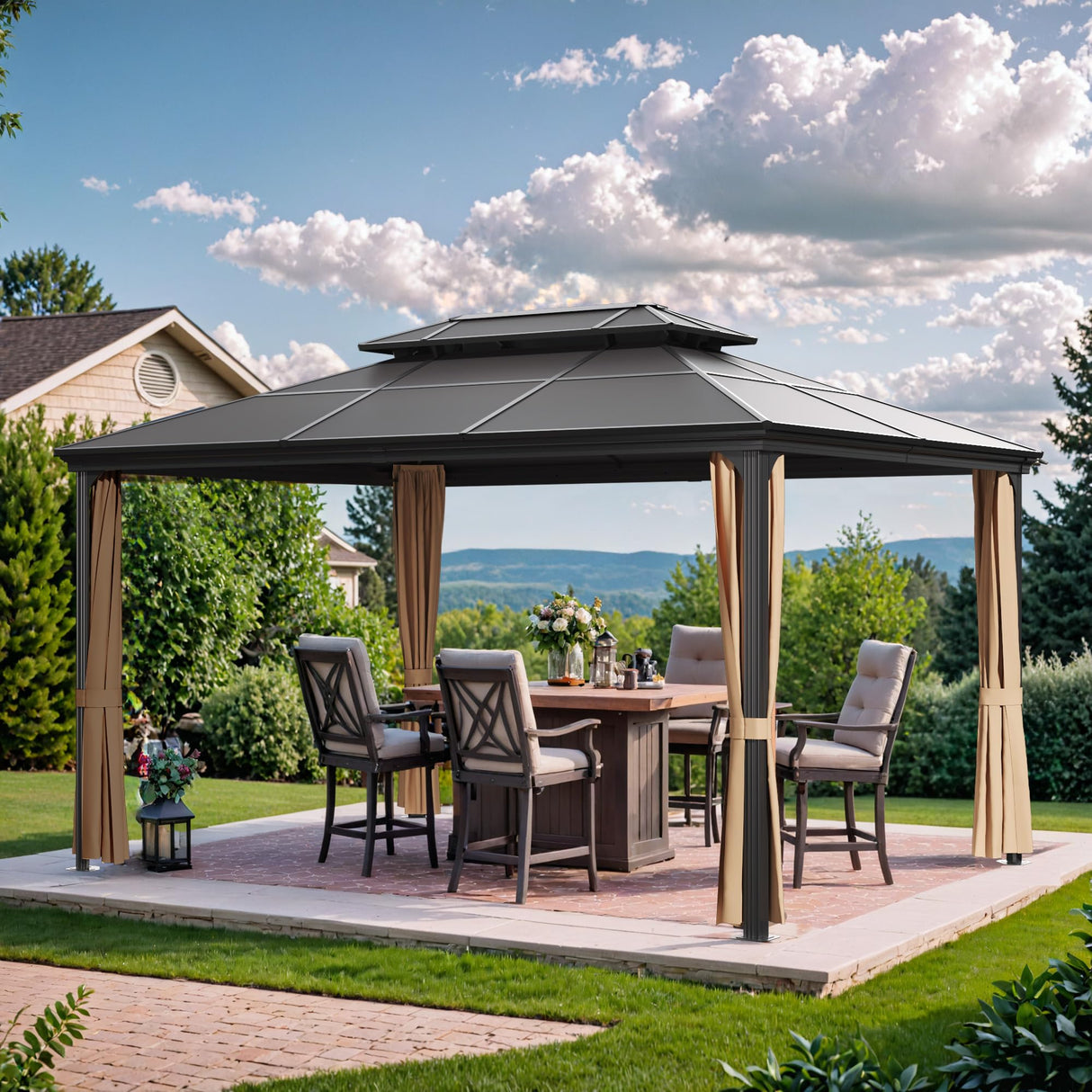 Devoko 10X13 FT Hardtop Gazebo Double Polycarbonate Roof Outdoor Canopy Gazebo with Nettings and Curtains Aluminum Frame for Patios, Gardens, Lawns (10' x13' Double Polycarbonate Roof) Devoko