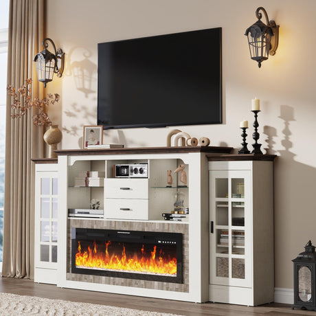 85" Electric Fireplace with Mantel, Fireplace TV Stand w/42 Electric Fireplace for 65 Inch TV with Power Outlets, Farmhouse Entertainment Center with Storage for Living Room, White with Brick Texture Hlivelood