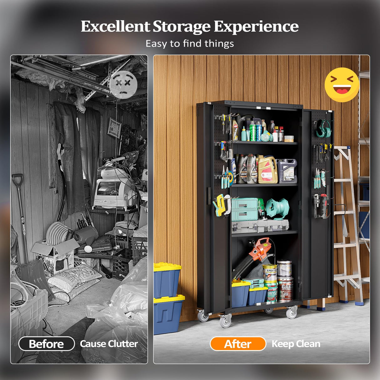 VINGLI 72'' Tall Garage Storage Cabinet, Metal Storage Cabinet with Pegboards, Wheels, Locking Doors and Adjustable Shelves (Black, 32''W x 16''D x 72''H) VINGLI