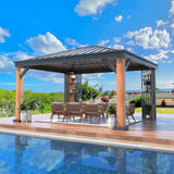 YOLENY 12' x 14' Ultra-Thick Columns and Beams Hardtop Gazebo, Faux Wood Grain Metal Gazebo with Storage Shelves, Vertical Stripe Galvanized Iron Roof, Outdoor Patio Gazebo for Patio YOLENY